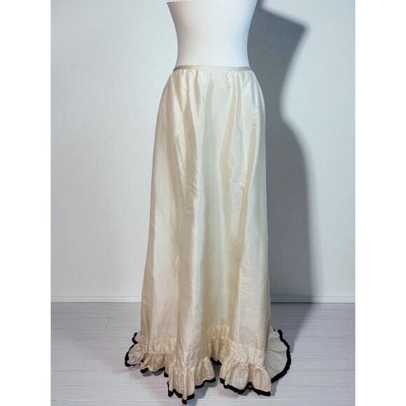 Antique Victorian Silk Skirt with Train Bustle Ivory Black Trim Ruffle Petticoat - Picture 2 of 6